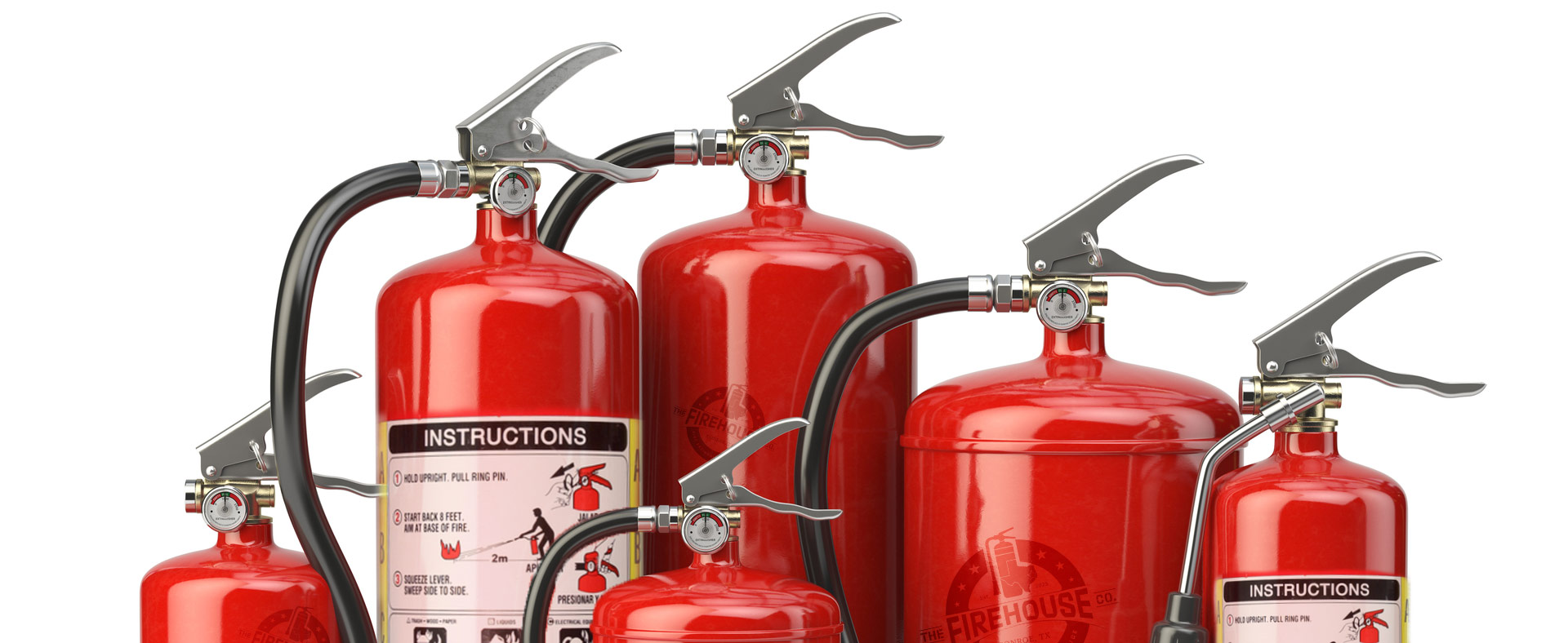 six red fire extinguishers