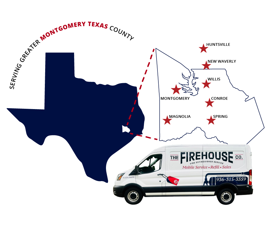 graphic showing the state of texas and enlarged Montgomery county outline showing the service areas with the firehouse van below the county